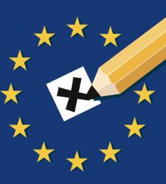 Grafik med blyant der sætter et kryds i midten af et EU-flag