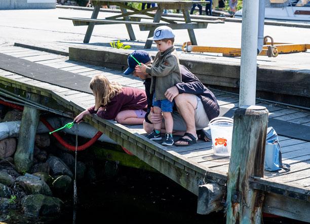 En pige og en dreng fisker efter krabber ved en mole. En far sidder på hug med dem.