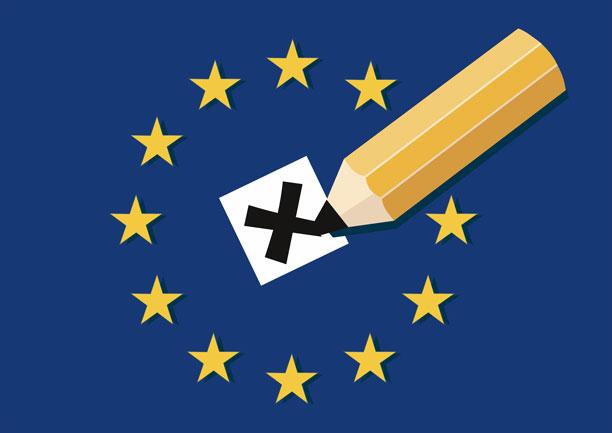 Grafik med blyant der sætter et kryds i midten af et EU-flag