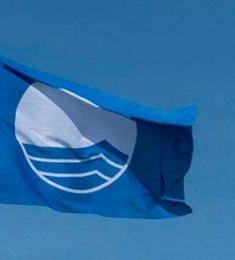 Et blåt flag med bølger på hænder i flagstang