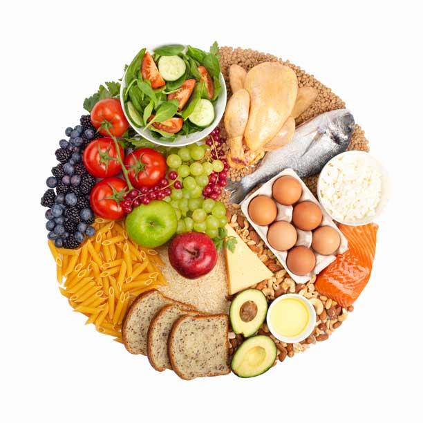 En opsat cirkel af forskellige madtyper, der spænder fra brød og pasta til grøntsager og frugt og til kød, fisk og æg.