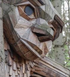 Et troldeansigt lavet ud af forskellige stykker imprægneret træ. I baggrunden nåletræer