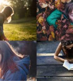 4 billeder i et: Et barn på ryggen af en anden i skarpt modlys. Et barn, der ligger i en bunke blade med lukkede øjne. En pige med sin mobiltelefon i hænderne. Og to unge, der sidder og skriver ved et bordbænkesæt.