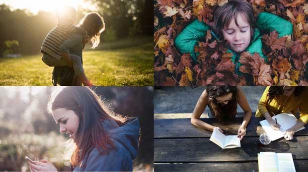 4 billeder i et: Et barn på ryggen af en anden i skarpt modlys. Et barn, der ligger i en bunke blade med lukkede øjne. En pige med sin mobiltelefon i hænderne. Og to unge, der sidder og skriver ved et bordbænkesæt.