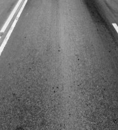 En asfaltvej, hvor der både er fuldt optrukne vejstriber og almindelig stiblede vejstriber.