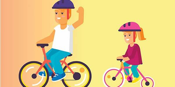 Voksen og barn på cykel.